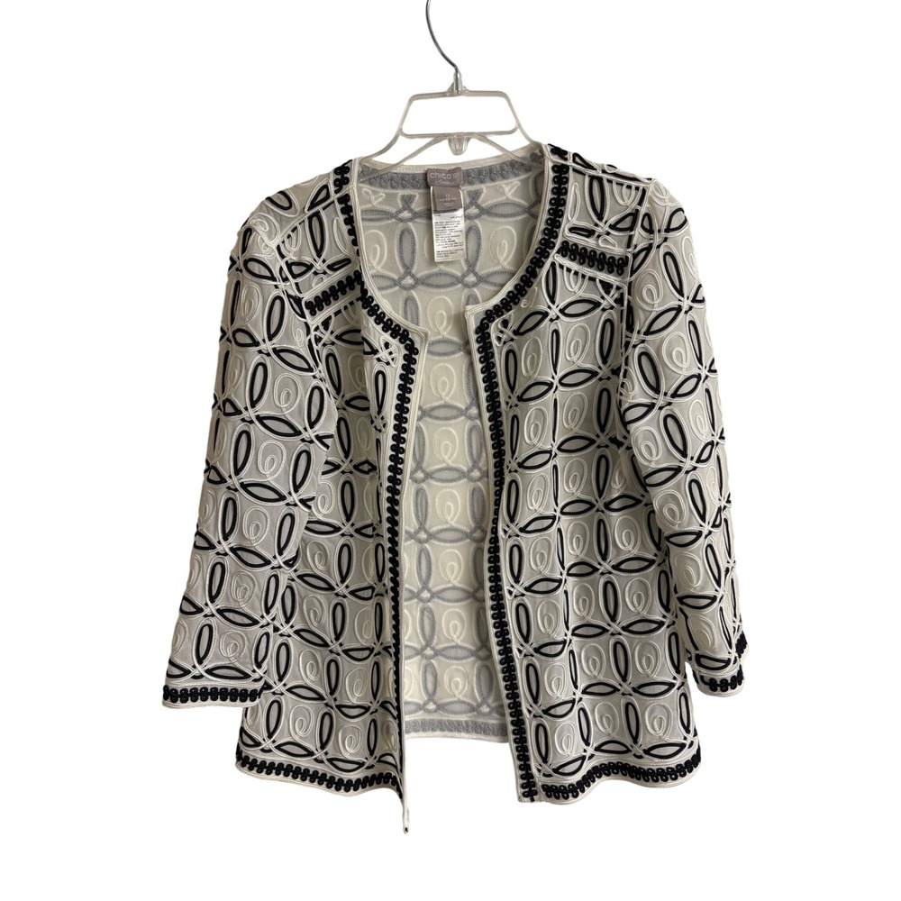 Chico's Travelers White Black Mesh Soutache Applique Cardigan Jacket Size 0 S